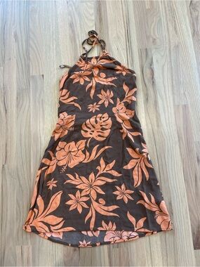 Roxy Tropical Halter Mini Dress Brown Orange Floral Size S